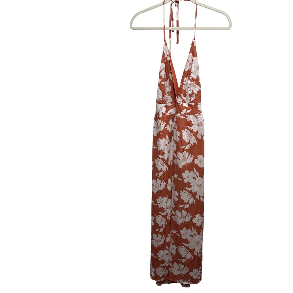 Lulus Follow the Summer Orange Floral Halter Midi Dress Open Back Small‎ NEW